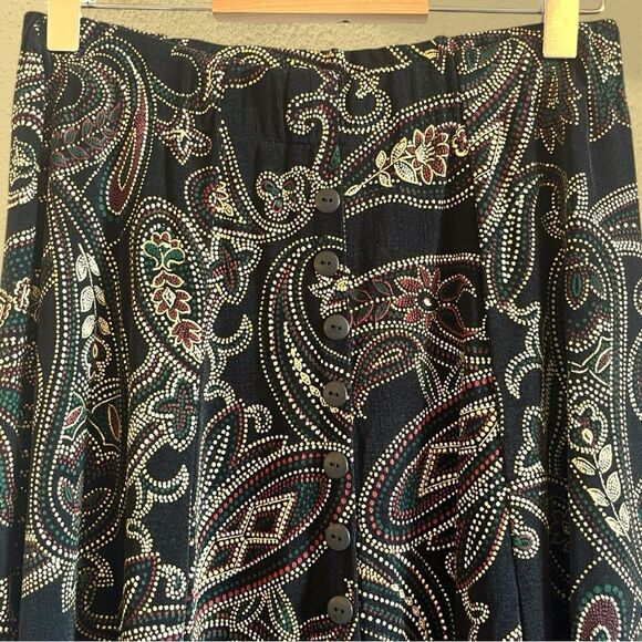 90s vintage black midi slinky skirt faux buttons gold paisley - Picture 2 of 9
